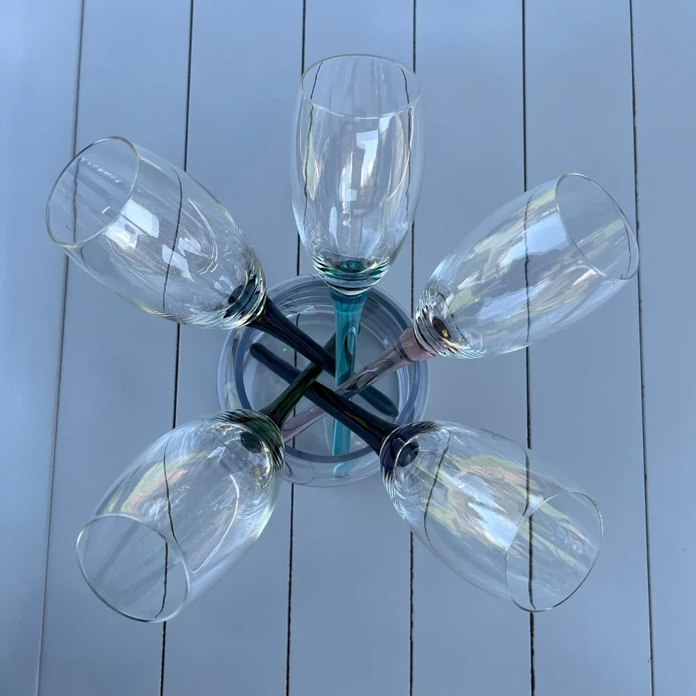 VTG 5 Hand Blown Champagne Bouquet Flutes Long Stems with Glass Vase